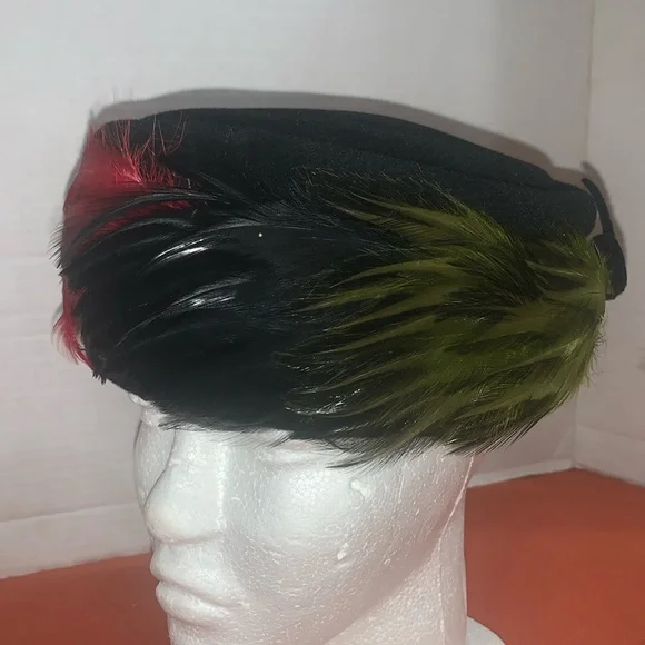 Vintage Union Made USA Red Green Black Feathered Hat Musketeer Hat - Aemon Fire - Flamboyant Flaming Ostrich and  main image 3